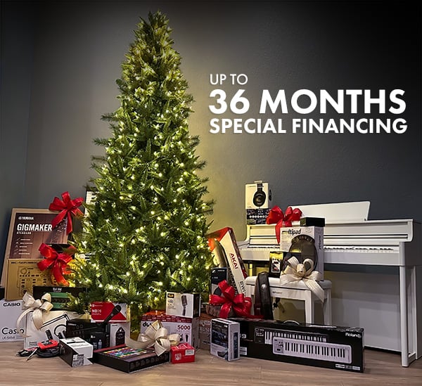 Image of christmas tree with a large collection of instruments ordained with bows, with the text: UP TO 36 MONTHS SPECIAL FINANCING