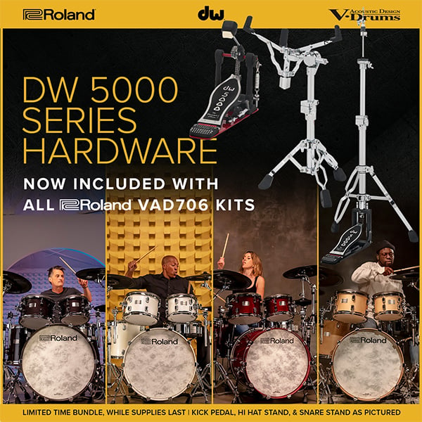 Image of Roland VAD706 kits with DW 5000 Series hardware. Text reads DW 5000 sreies hard